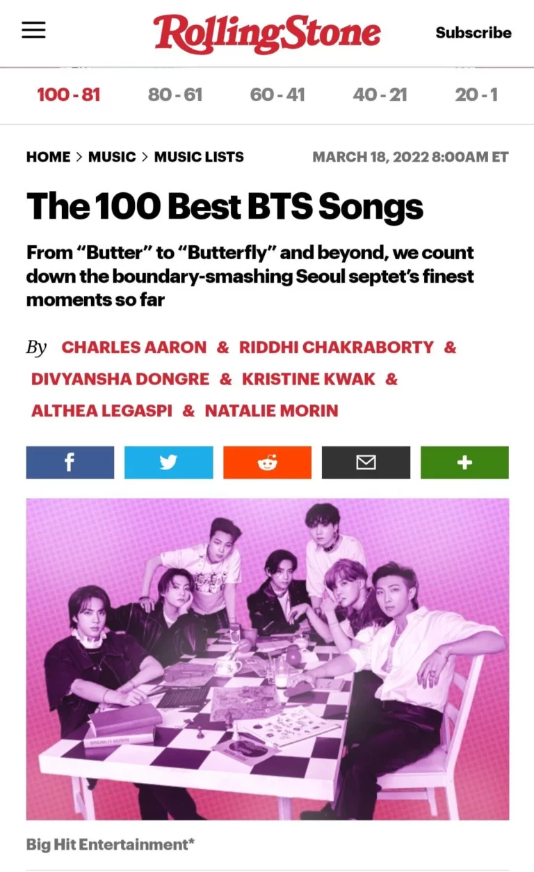 TOP 100 best BTS songs voted and announced by Rolling Stone magazine yesterday