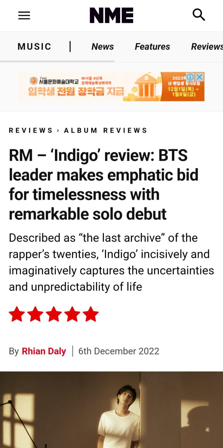 BTS RM's new album 'Indigo' rated by British music critic on NME