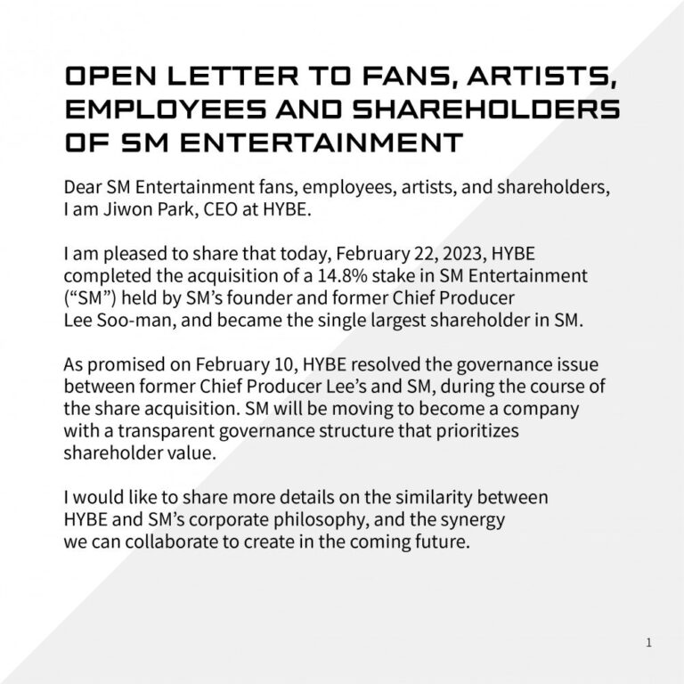 HYBE's letter to fans, artists, employees and shareholders of SM Entertainment