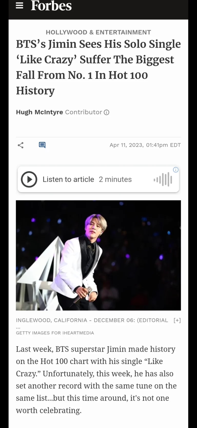 Netizens react to Forbes article about Jimin's ranking on Billboard Hot 100