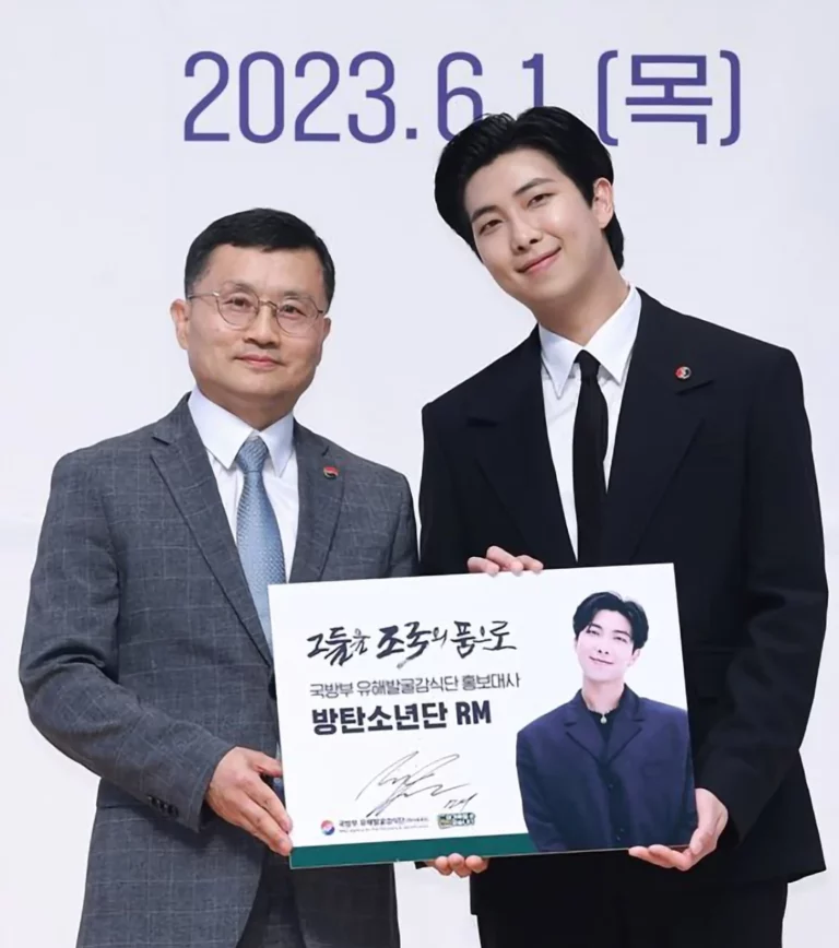 BTS RM wearing a suit at the appointment ceremony as the Public Relations Ambassador for the Ministry of National Defense Agency for 'KIA Recovery & Identification'