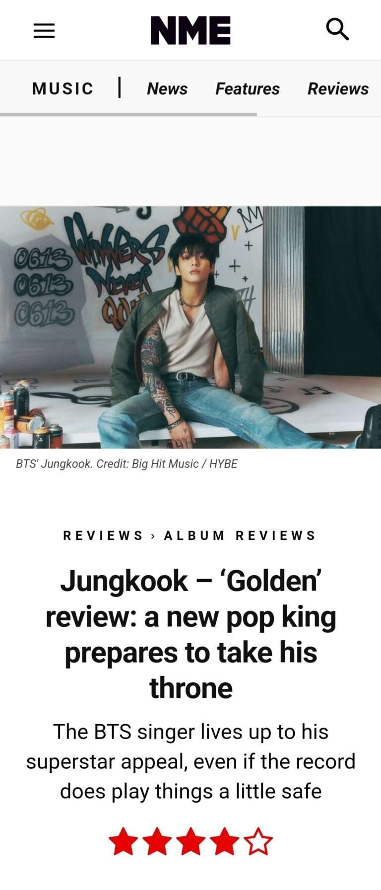 "A new pop king prepares to take his throne" BTS Jungkook's solo album 'GOLDEN' is reviewed on NME