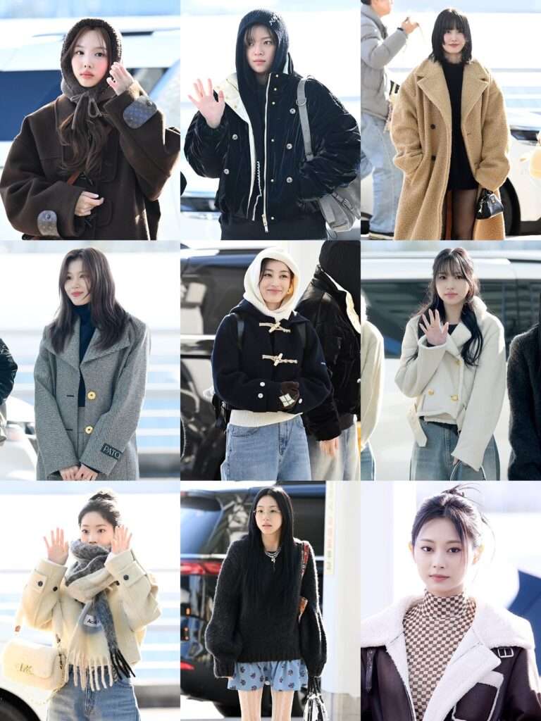 TWICE's pictures at the airport today, all 9 members have different styles but are all pretty