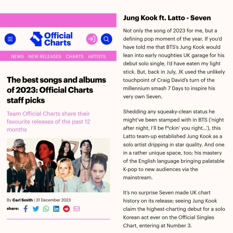 Jungkook's 'Seven' is the only K-pop song chosen as the Best Song of 2023 in the Official UK Chart