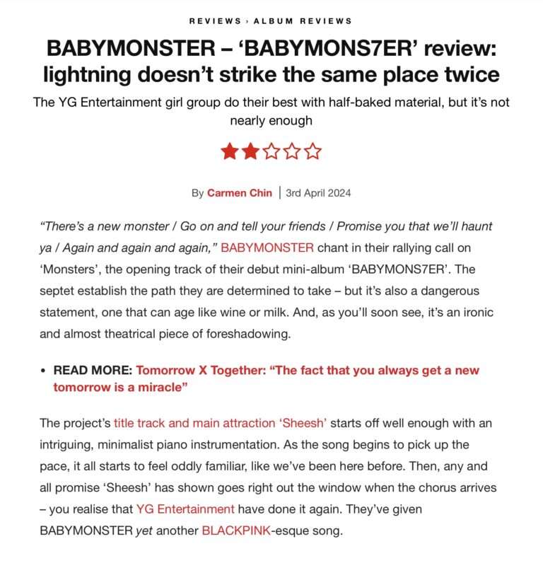 British music review magazine NME reviews Baby Monster's album