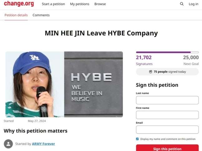 There is an international petition allegedly by BTS fans asking Min Heejin to leave HYBE