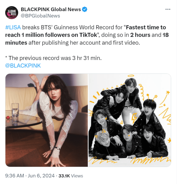 Lisa fans request @GWR fastest to reach 1M Tik Tok followers record even though they have been following her account since June 3rd